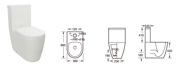 420mm Seat Close Coupled Bathroom Toilet Pan Rimless P Trap Water Closet