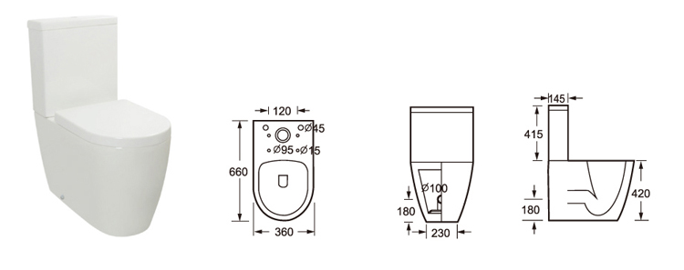 420mm Seat Close Coupled Bathroom Toilet Pan Rimless P Trap Water Closet