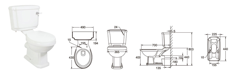 630*350*830mm Close Coupled Wc Toilet Double Piece Commode With Slowdown